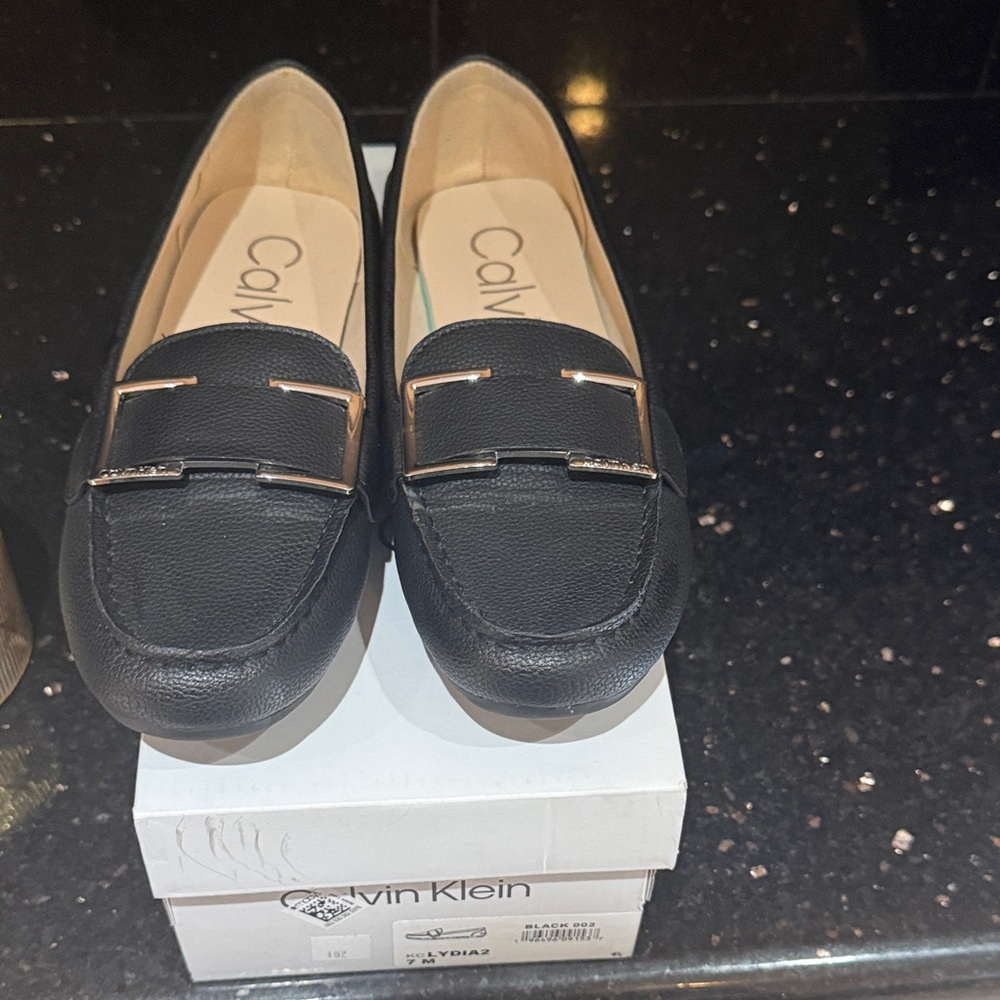 BOGO BRAND NEW W/ TAGS Calvin Klein Black Leather Slip-On Loafers Size 7